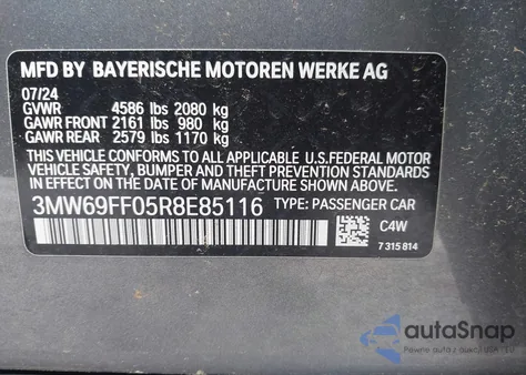 2024 BMW 3 Series 330I z USA, uszkodzony, nr VIN 3MW69FF05R8E85116